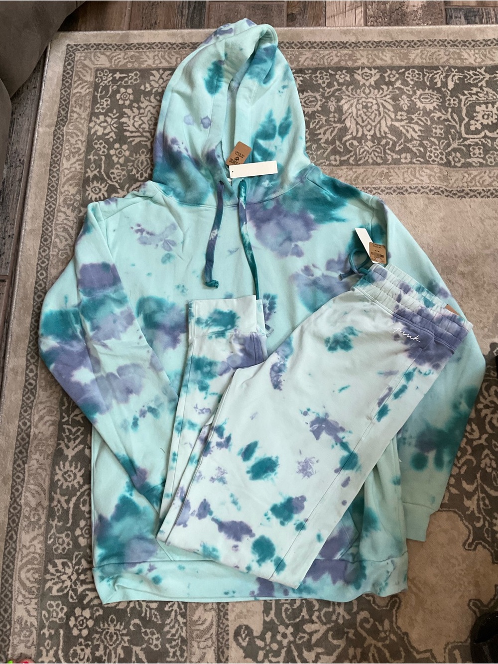 NWT PINK Victoria's Secret Aqua, Teal & Lavender Tie-Dye Lounge Set Joggers S/M